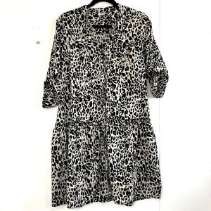 MPH Collection Women’s Dress Medium Leopard Print Button Front 3/4Sleeve V‑Neck.